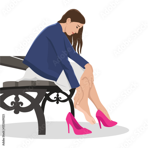 Woman in high heels. leg fatigue. Taking off her shoes while sitting on the bench because it hurts. Flat vector illustration.
