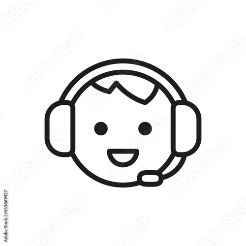 Call center line art icon, customer support service symbol. Face with headset. Operator call center, agent, account manager. Helpline. Vector outline illustration