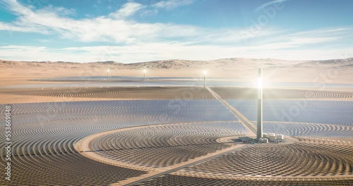 Solar thermal power plant. Renewable energy production. Solar energy. Aerial view of central power plant and industrial facilities surrounded by many reflecting mirrors. Sun moving. 3D rendering.