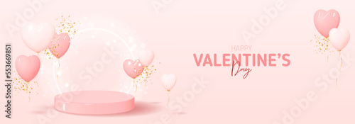 Happy Valentine's Day banner. Greeting background with abstract 3d composition for Valentine's Day. Vector illustration with hearts, balloons and confetti on podium with neon circle.