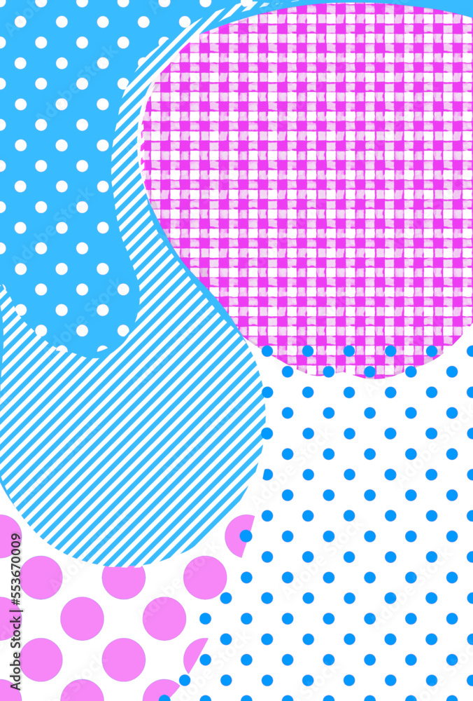 ギンガムチェックとポルカドットの背景素材、パッチワークの様なバックグラウンド、可愛いドット模様イラスト