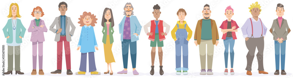 Different gender identity people standing on white background. Vector illustration in flat cartoon style.