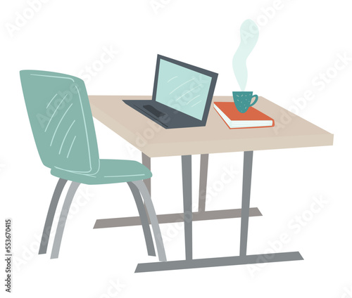 Simple office interior, table and laptop vector