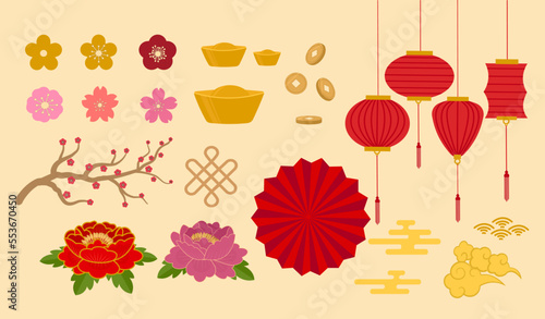 Chinese traditional decorative element ornament set, Chinese New Year festive vector illustration, good luck symbols, peony flower, plum peach cherry blossom, lucky coins, gold ingot, red lantern