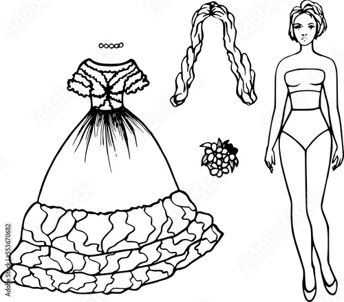 Sketch of a ball dress pattern. Clothes for a paper doll. Fashion clothes, wig, bouquet, necklace, accessories