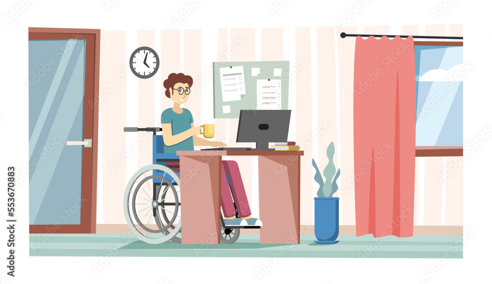 disabled. freelancer sitting in wheelchair and working at home place. Vector disabled person cartoon background disabled. freelancer sitting in wheelchair and working at home place. Vector disabled person cartoon background