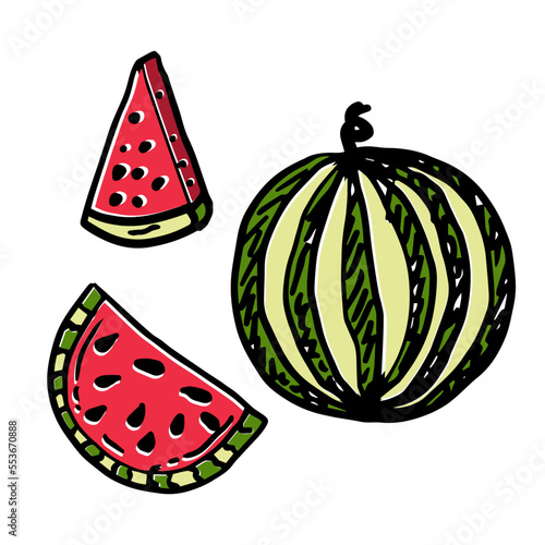 Set of Doodle Illustration of watermelon slice and whole. Concept of healthy lifestyle and ripe fruits