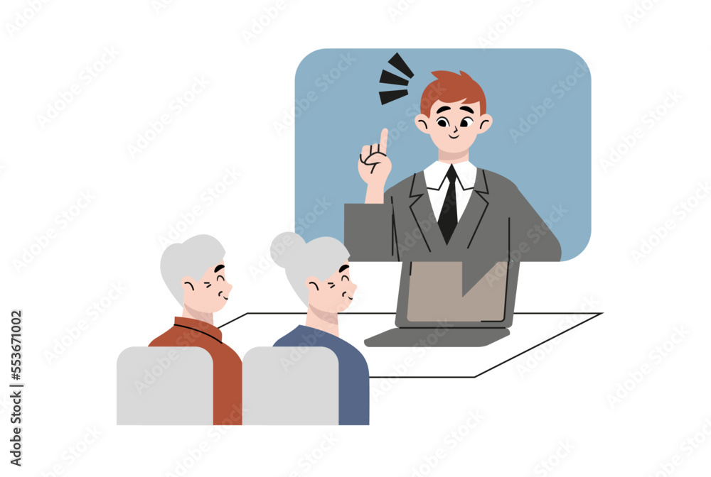 Male businessperson on the screen laptop explaining, showing, or introducing something to an elderly couple Male businessperson on the screen laptop explaining, showing, or introducing something to an elderly couple