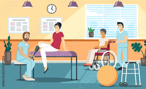 rehabilitation. physical therapy for rehabilitation disabled people. Vector cartoon background
