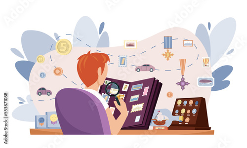 art collector. man watching on postal marks big collection. Vector background of hobby