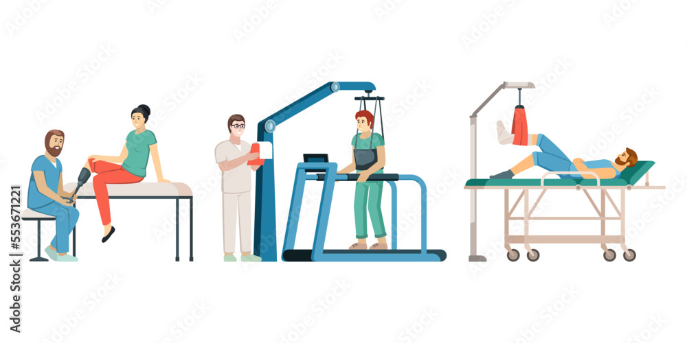 rehabilitation. disabled patient making sport medical therapy exercises for rehabilitation. Vector cartoon people