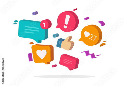 Social media 3d network service concept icon or internet trend digital strategy element with like chat messages notices cartoon illustration vector, sns content graphic, engage business marketing