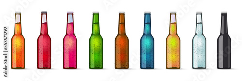 Soda beer bottle set blank mock up 3d vector image, pink lemonade juice water glass package mockup template transparent, cold fizzy black yellow red rose blue orange cherry fruit strawberry drinks
