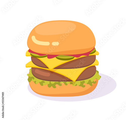 Burger double big hamburger isolated drawn vector icon or larger cheeseburger with cheese sandwich flat cartoon fast food illustration clipart image
