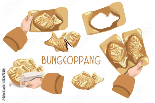A set of Korean cuisine called Bungeoppang. Street Korean food in the form of fish in a mold. Pie in hand. Suitable for printing on textiles and paper. Illustration banner