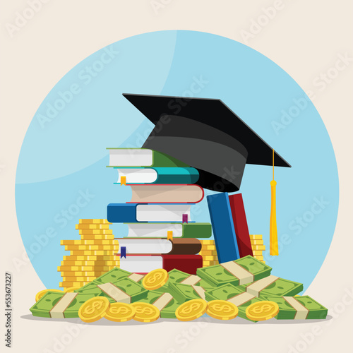 Education and money vector illustration, flat cartoon graduation hat and coins cash, concept of scholarship cost or loan, tuition or study fee, value of student knowledge, learning success