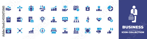 Business icon collection. Vector illustration. Containing graphic progression, property, teamwork, flexibility, coin, stage, development, job, job search, report, meeting, customer, goal, and more.