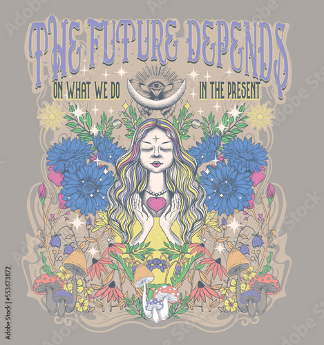 Retro 70's psychedelic hippie mushroom illustration print with groovy slogan for man - woman graphic tee t shirt or sticker poster - Vector