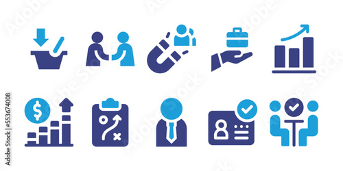 Business icon set. Vector illustration. Containing agreement, improve, add to cart, job, attract customers, graph, meeting, strategy, businessman, id