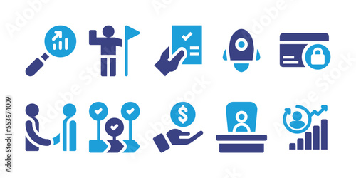 Business icon set. Vector illustration. Containing launch, payment protection, forecast, approved, leadership, handshake, value chain, boss, income, pci