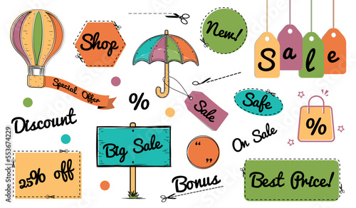 Discount Shopping Doodle Icons Set - Different Vector Illustrations Isolated On White Background