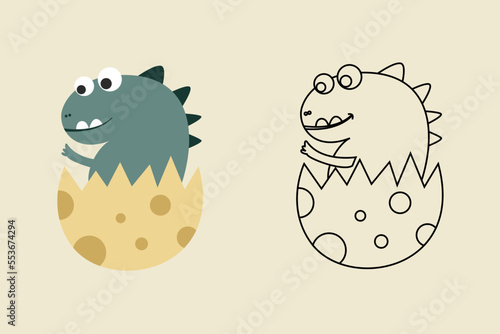 Vector of coloring book with cute little dino in egg cartoon illustration