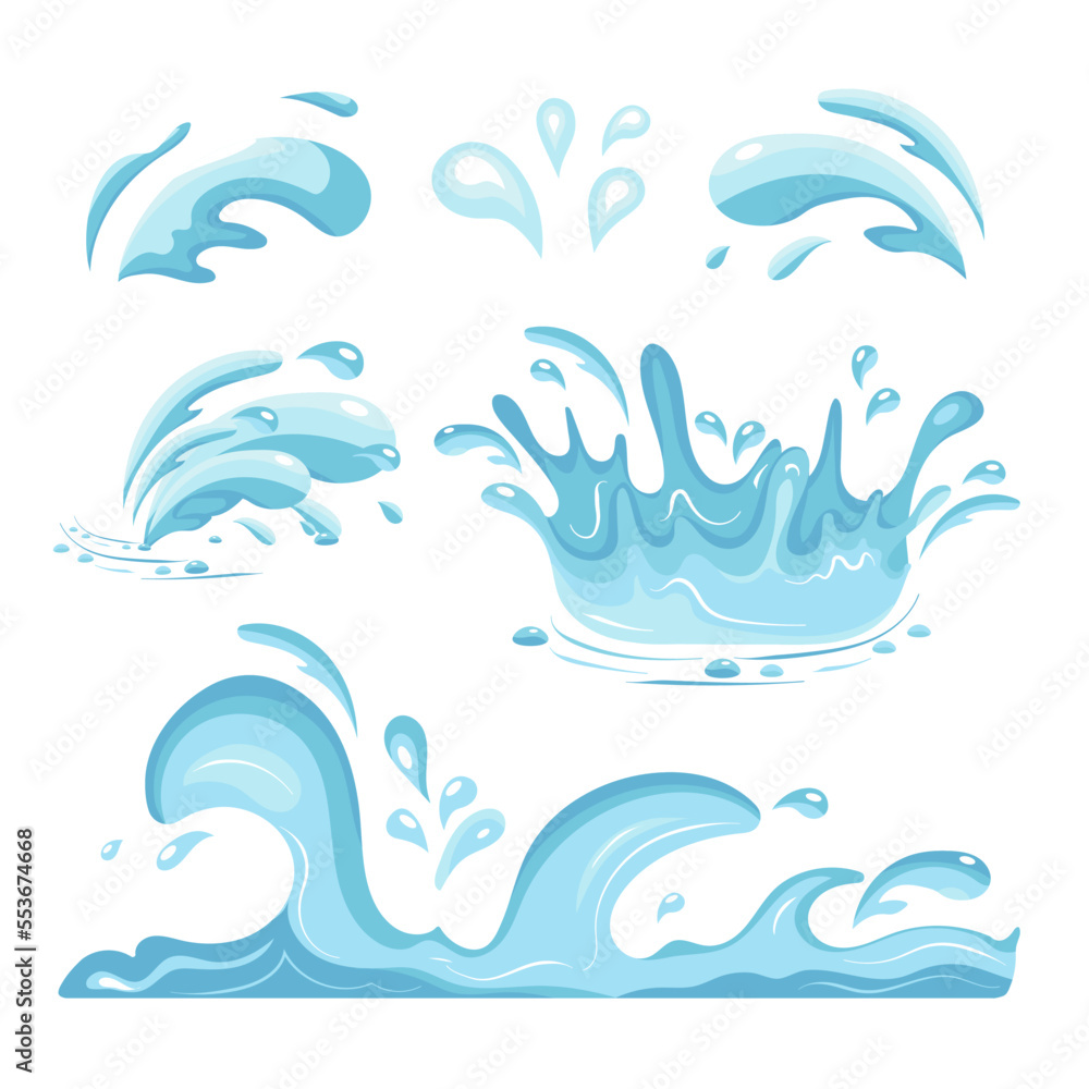 Splashes, waves, water drops. Vector set. Design elements Splashes, waves, water drops. Vector set. Design elements