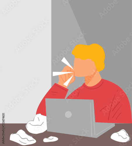 Man working from home or office coughing and sneezing
