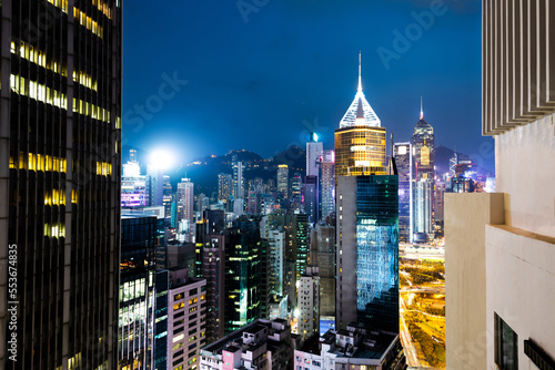 Photography Modern buildings at night in Hong Kong