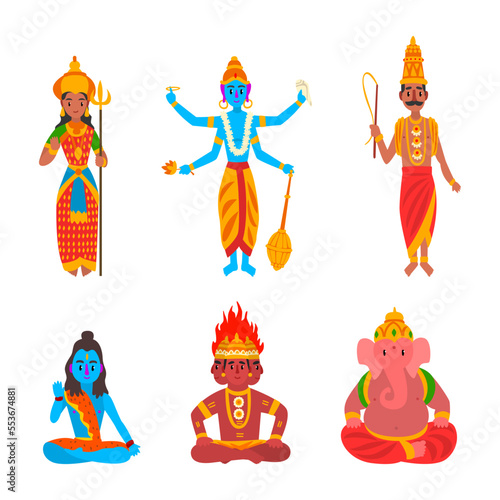 Indian Gods and Deity with Vishnu and Ganesha Sitting in Lotus Pose and Standing Vector Set