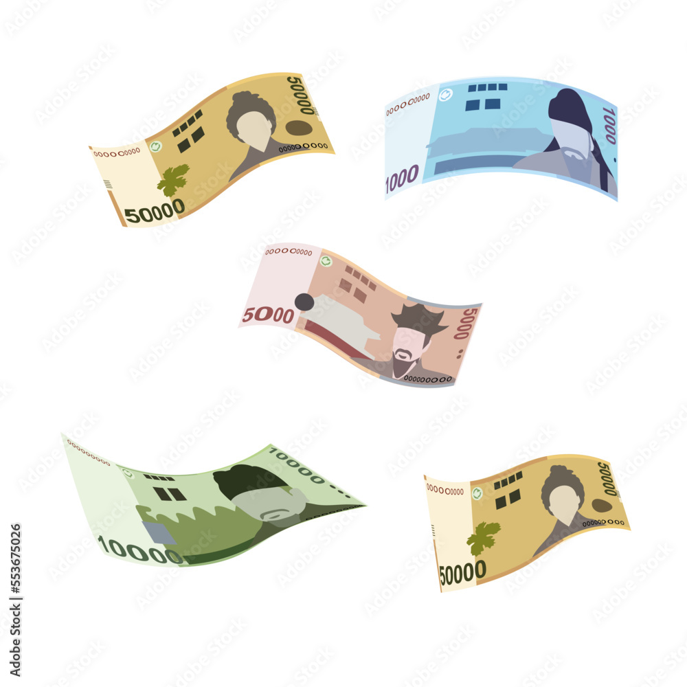 South Korean Won Vector Illustration. South Korea money set bundle banknotes. Falling, flying
