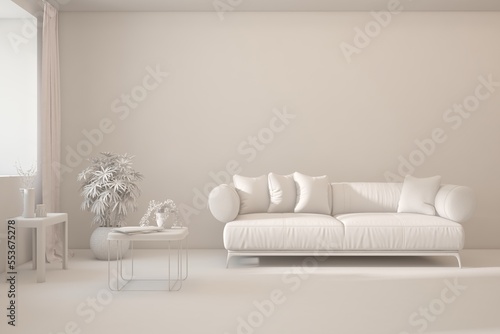 Mock up of minimalist living room in white color with sofa. Scandinavian interior design. 3D illustration