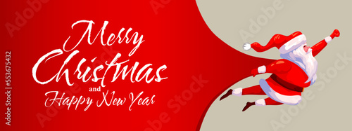 Merry Christmas banner. Santa Claus flying Superhero delivery huge bag of Christmas gifts.