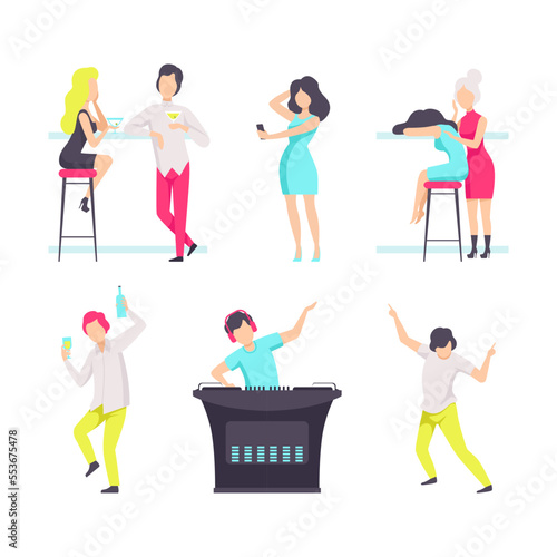 People Characters at Bar or Pub with Alcoholic Cocktail and Drinks Having Rest Vector Set