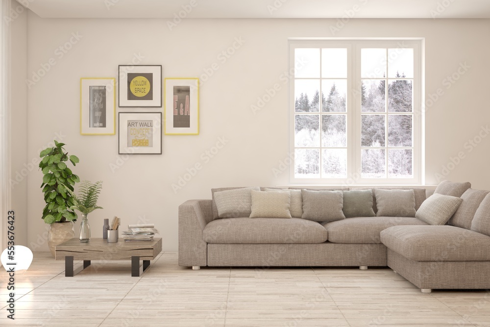 White living room with sofa and winter landscape in window. Scandinavian interior design. 3D illustration White living room with sofa and winter landscape in window. Scandinavian interior design. 3D illustration
