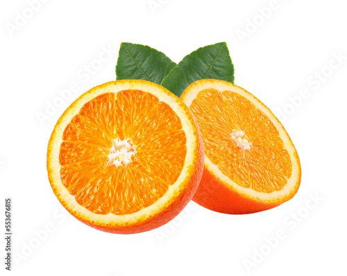 Ripe half of orange citrus fruit with leaf isolated on transparent png