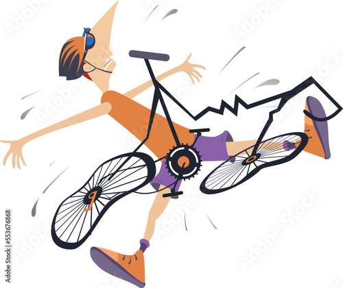 Cyclist man falling down from the bicycle illustration. Cyclist man laying under the broken bicycle. Isolated on white background