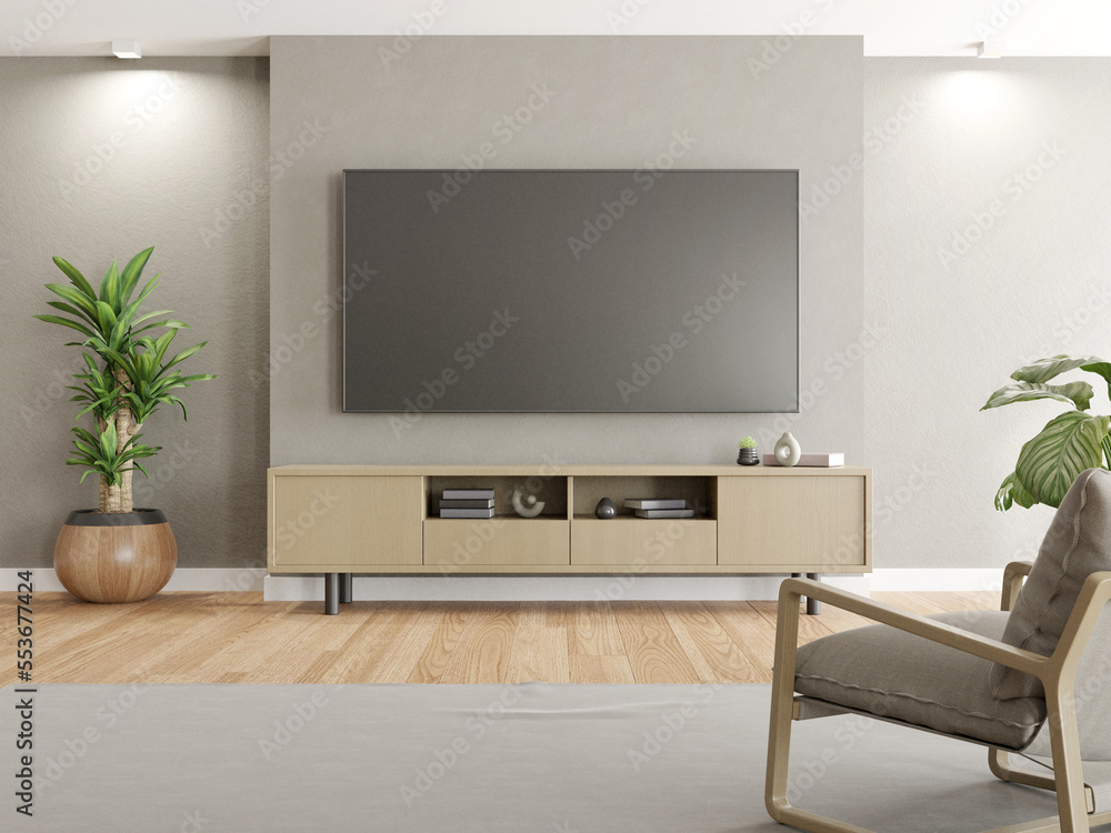 3D rendering of modern living room with TV screen on grey wall. 3D rendering of modern living room with TV screen on grey wall.