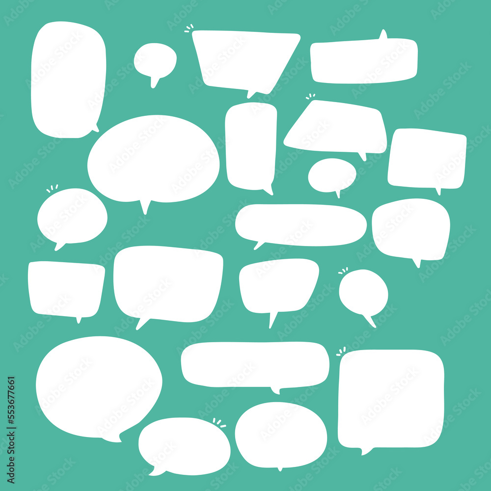 Obraz premium Set of speak bubble text, chatting box, message box outline cartoon illustration design. Balloon doodle style of thinking sign symbol. color cute and lovely chat speech sticker. box, text, dialog, art