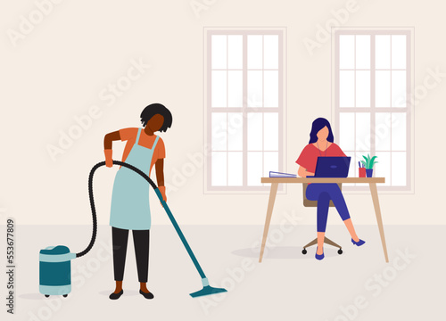 Black Female Janitor With Apron And Glove Vacuuming At The Office With Employee Around The Workplace. Full Length. Flat Design Style, Character, Cartoon.