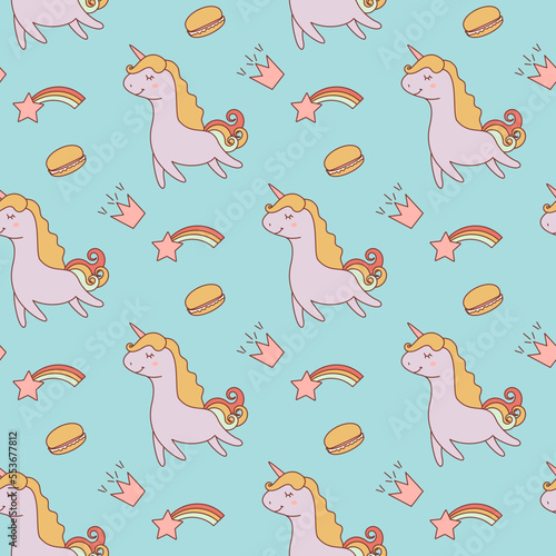 cute unicorn, macaroons, stars and hearts. seamless pattern for fabric, wallpaper, gift wrapping and more