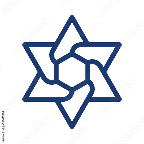 Hebrew Magen David star twists into the center in hexagram shape in outline style vector illustration with editable stroke