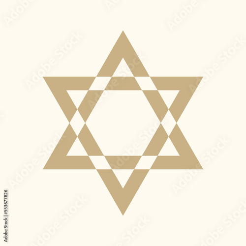 Two triangles intersect with the negative space in a six-point star. Magen David star religion sign