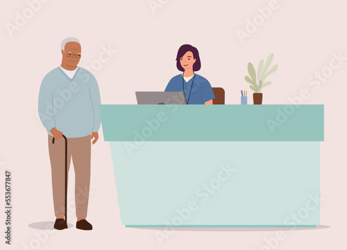 Smiling Black Senior Man With Walking Cane Talking To A Nurse At The Hospital Counter. Full Length. Flat Design Style, Character, Cartoon. 