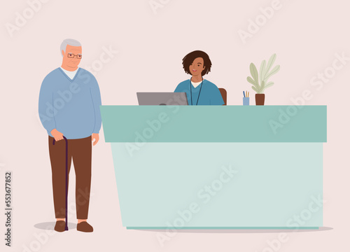 Smiling Senior Man With Walking Cane Talking To A Nurse At The Hospital Counter. Full Length. Flat Design Style, Character, Cartoon. 