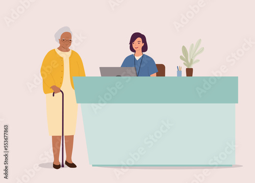 Smiling Black Senior Woman With Walking Cane Talking To A Nurse At The Hospital Counter. Full Length. Flat Design Style, Character, Cartoon. 