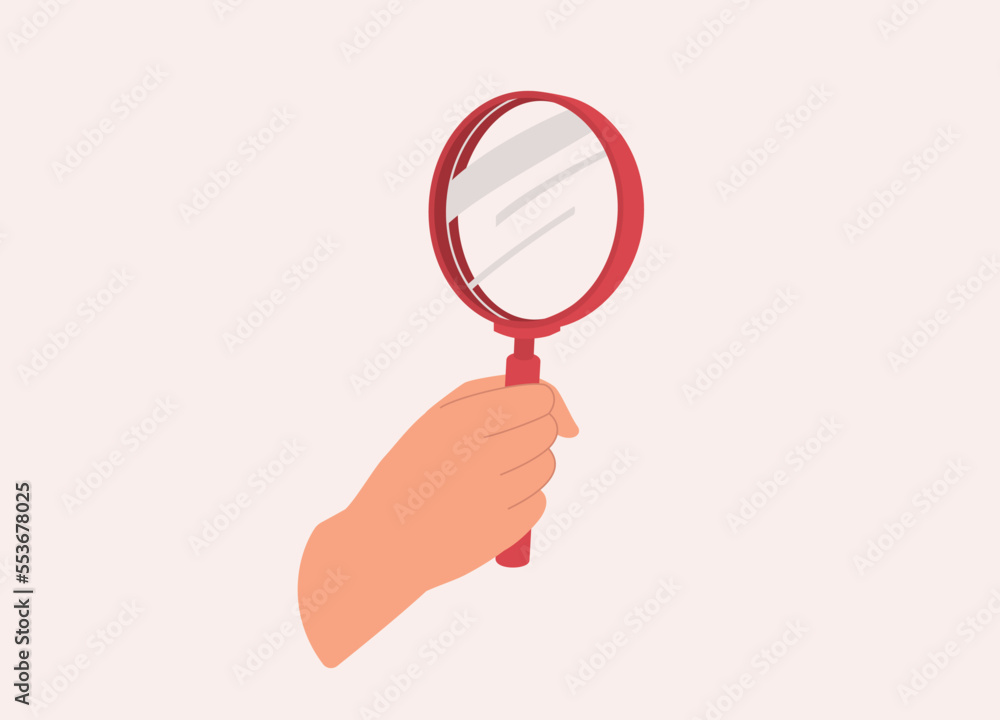 A Person’s Hand Holding A Magnifying Glass. Close-Up. Flat Design Style, Character, Cartoon. A Person’s Hand Holding A Magnifying Glass. Close-Up. Flat Design Style, Character, Cartoon.