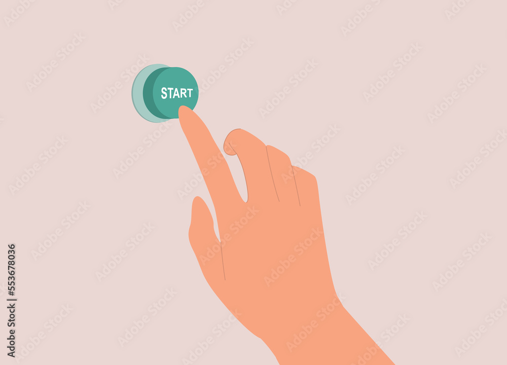 A Person’s Hand Pressing A Green Color Start Button On Wall. Close-Up. Flat Design Style, Character, Cartoon. A Person’s Hand Pressing A Green Color Start Button On Wall. Close-Up. Flat Design Style, Character, Cartoon.