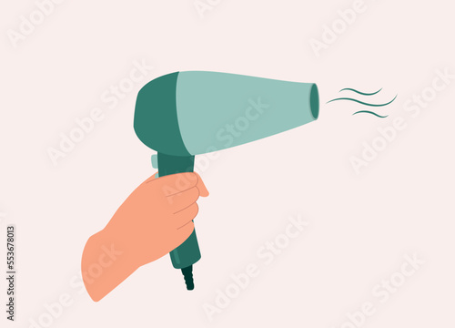 A Person’s Hand Holding A Hair Dryer With Hot Air Blowing Out. Close-Up. Flat Design Style, Character, Cartoon.
