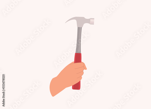 A Person’s Hand Holding A Hammer. Close-Up. Flat Design Style, Character, Cartoon.